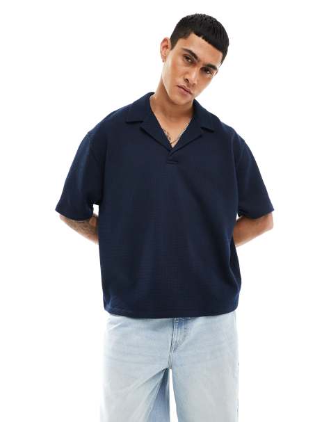 ASOS DESIGN - Polo texturé oversize avec col à revers - Bleu marine - view 1