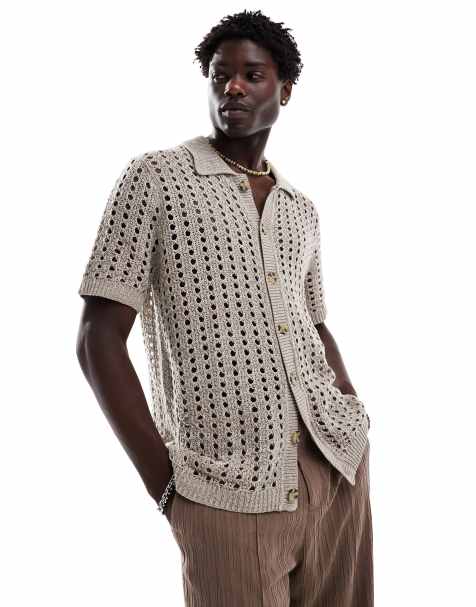 ASOS DESIGN - Polo traforata in maglia color pietra con bottoni vestibilità comoda - view 1