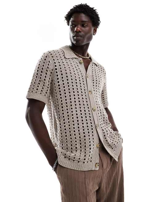 ASOS DESIGN - Polo traforata in maglia color pietra con bottoni vestibilità comoda