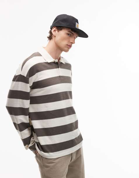 ASOS DESIGN - Polo van zware stof met lange mouwen en getextureerde strepen in kaki en crème - view 1