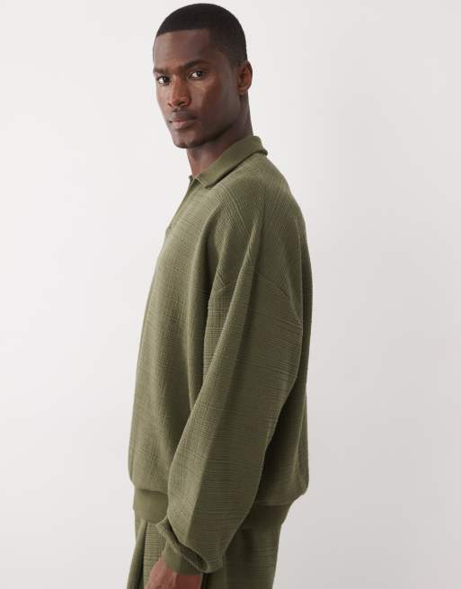 ASOS DESIGN - Polo verde caqui extragrande con diseño cruzado de tejido texturizado, 2 de 5