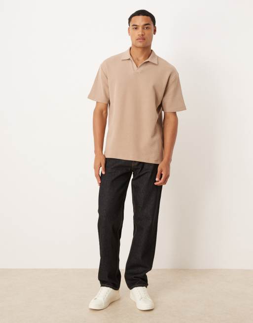 ASOS DESIGN - Polo vestibilità comoda beige a nido d'ape con rever , 2 di 5