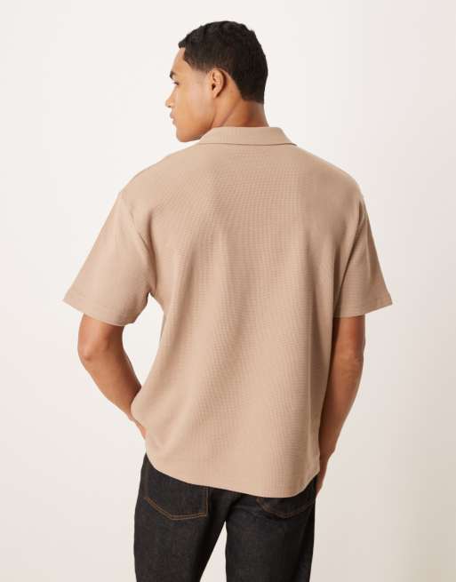 ASOS DESIGN - Polo vestibilità comoda beige a nido d'ape con rever , 3 di 5