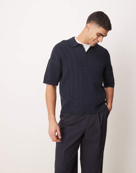 ASOS DESIGN - Polo vestibilità comoda in maglia a coste blu navy - view 1