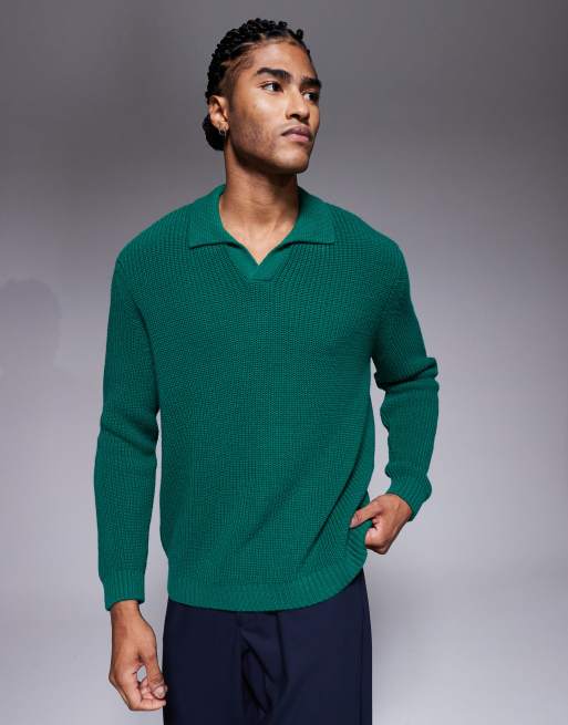 ASOS DESIGN - Polo vestibilità comoda in maglia a coste verde con scollo con intaglio