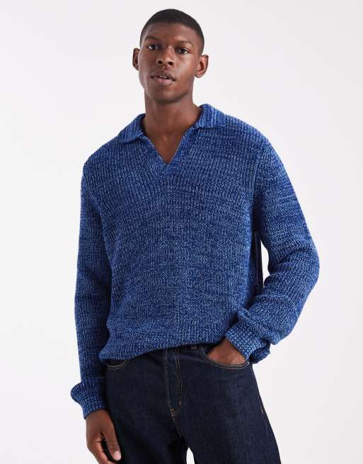ASOS DESIGN - Polo vestibilità comoda in maglia con intaglio sul collo blu mélange
