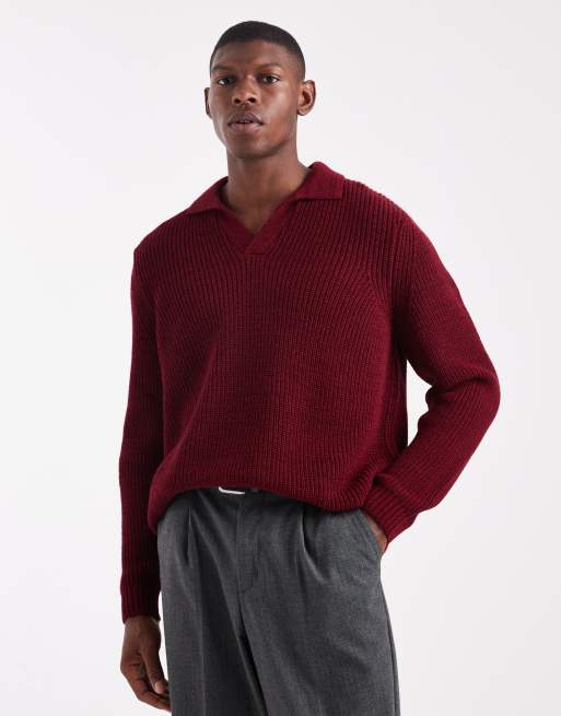 ASOS DESIGN - Polo vestibilità comoda in maglia con intaglio sul collo rosso mélange
