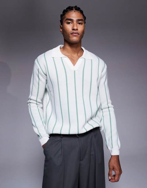 ASOS DESIGN - Polo vestibilità comoda in maglia écru a righe con intaglio sul collo