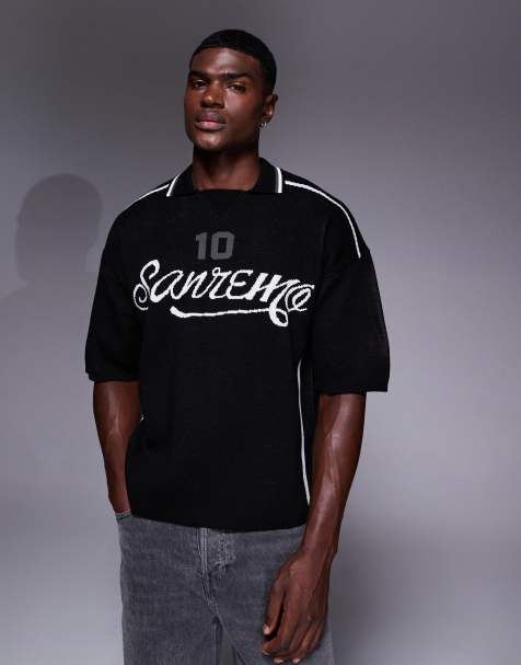 ASOS DESIGN - Polo vestibilità comoda in maglia nera con grafica sportiva - view 1