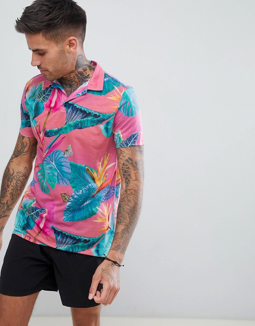 Asos Design Polo With All Over Floral Print And Rever Collar-pink