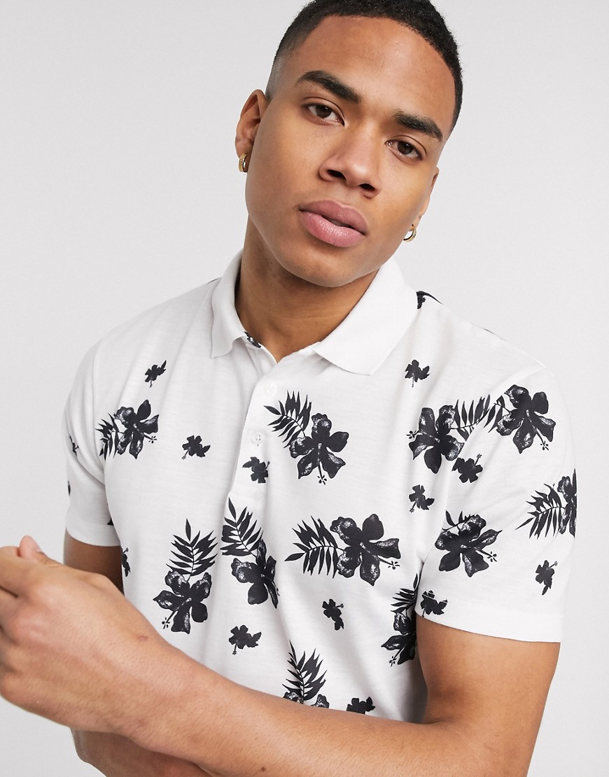 ASOS DESIGN polo with contrast floral print-White