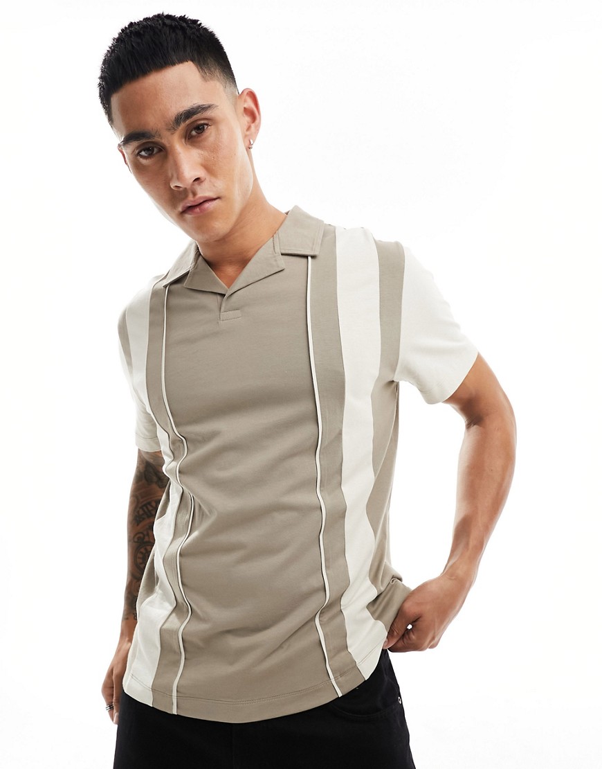 ASOS DESIGN polo with cut and sew panels in beige-Neutral