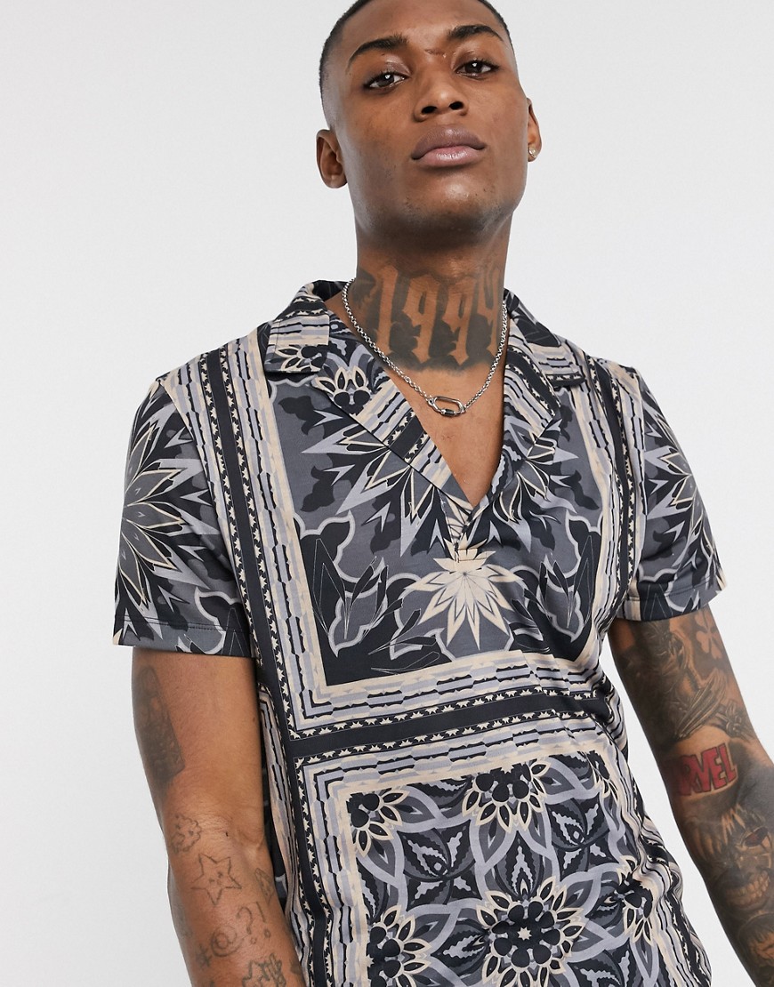 ASOS DESIGN polo with deep revere and all over floral print-Multi