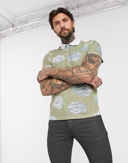 ASOS DESIGN polo with floral print in linen look