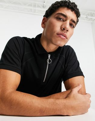 ASOS DESIGN polo with raglan sleeves and zip detail in black