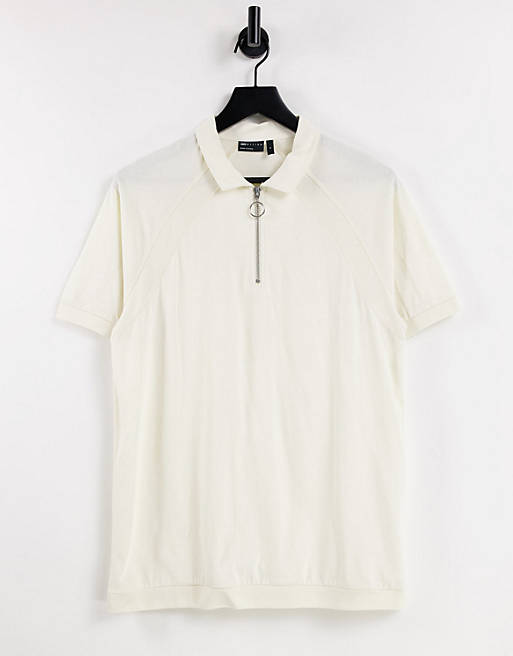 ASOS DESIGN polo with raglan sleeves and zip in beige | ASOS