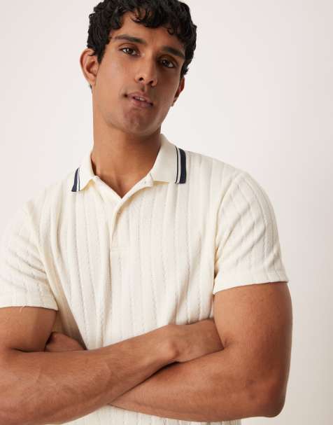 ASOS DESIGN regular fit polo with tipped collar in beige knitted rib