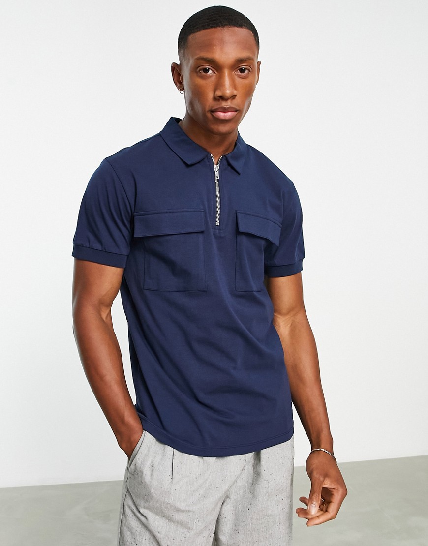 ASOS DESIGN polo with zip and pocket details in navy