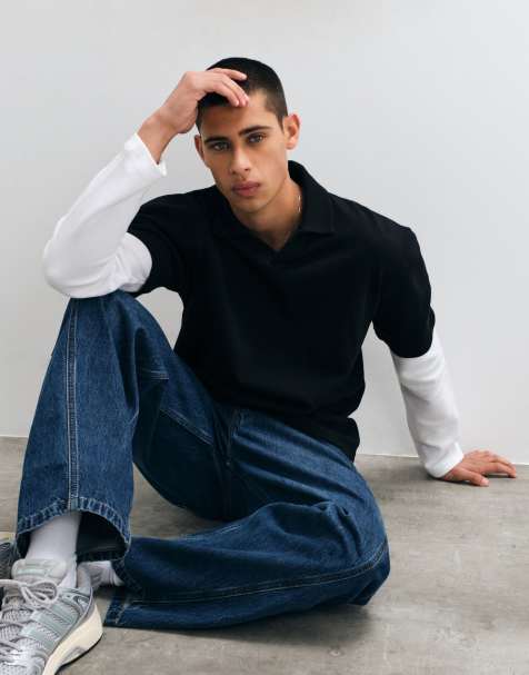 ASOS DESIGN polo z długim rękawem, dwuwarstwowe, o luźnym kroju, czarne - view 1