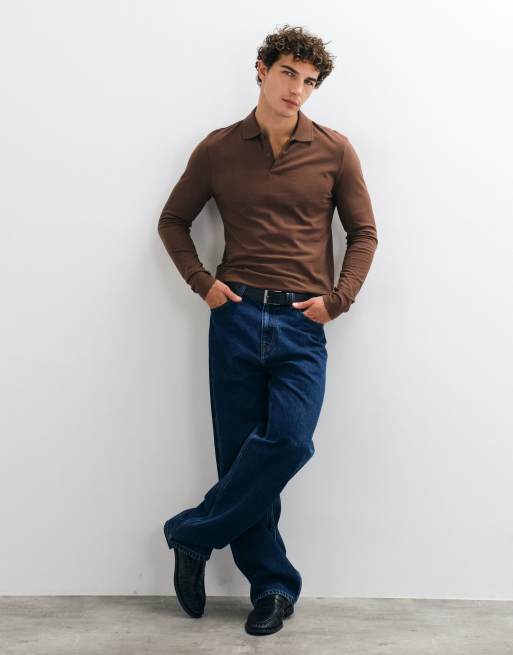 ASOS DESIGN polo z długim rękawem z piki w kolorze brązowym, 4 z 10