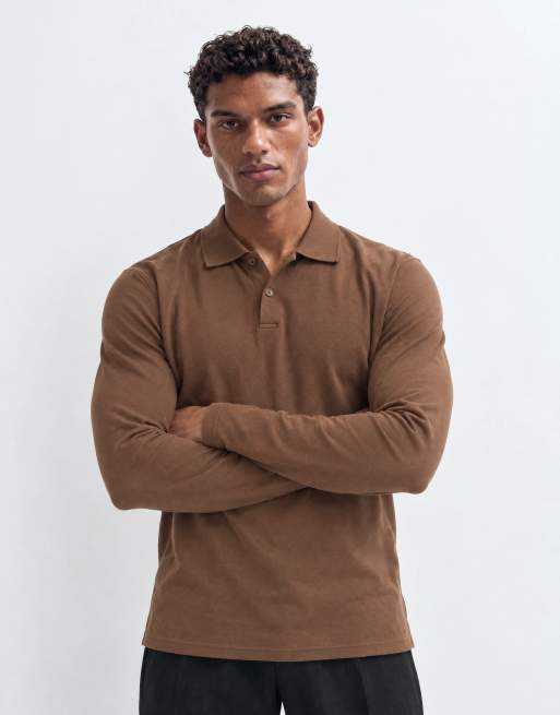ASOS DESIGN polo z długim rękawem z piki w kolorze brązowym, 6 z 10