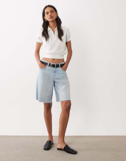 ASOS DESIGN - Polo zippé à manches courtes en maille ajourée à imprimé fleuri - Crème, 3 de 4