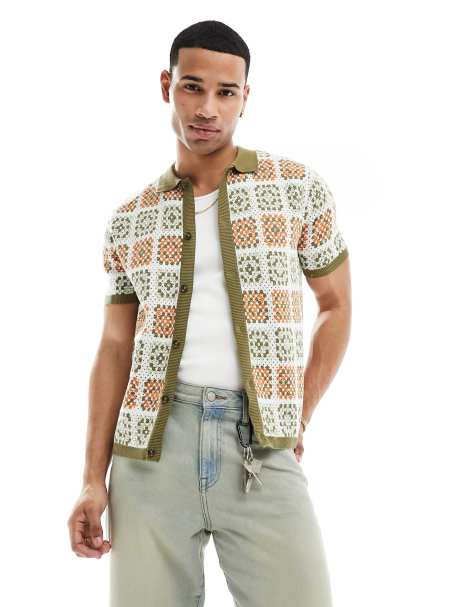 ASOS DESIGN – Polohemd aus Häkelstrick in Khaki und Orange mit Knopfleiste - view 1