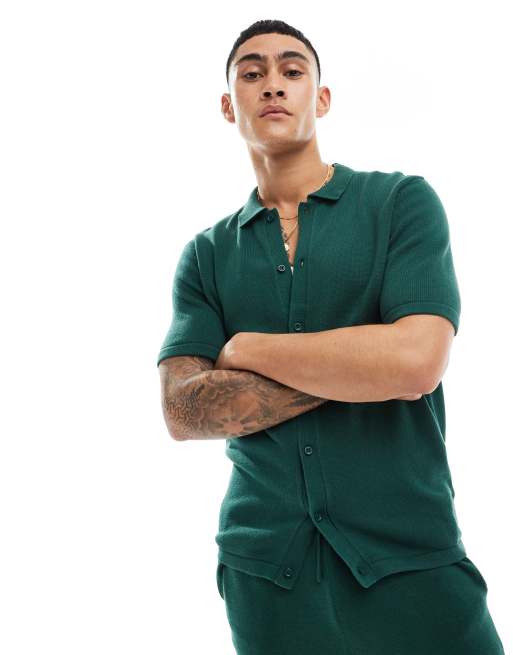 ASOS DESIGN – Polohemd aus mittelschwerem Baumwollstrick in Grün mit Knopfleiste, Kombiteil, 4 von 4