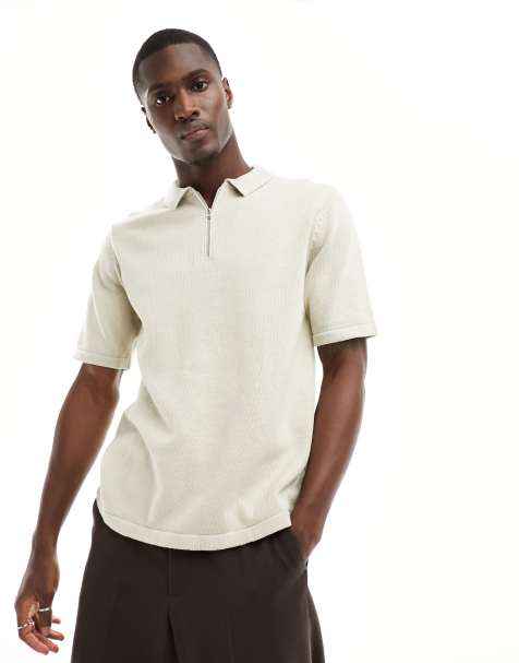 ASOS DESIGN – Polohemd aus mittelschwerem Baumwollstrick in Steinbeige mit kurzem Reißverschluss - view 1