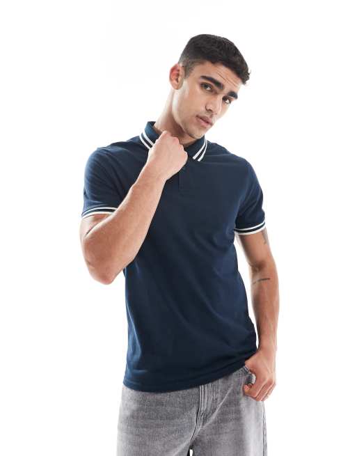 ASOS DESIGN – Polohemd aus Pikee in Marineblau mit weißen Zierstreifen