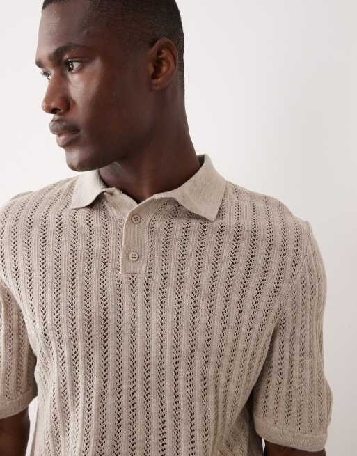 ASOS DESIGN – Polohemd aus Pointelle-Strick in Steinbeige mit Knopfleiste, 3 von 5