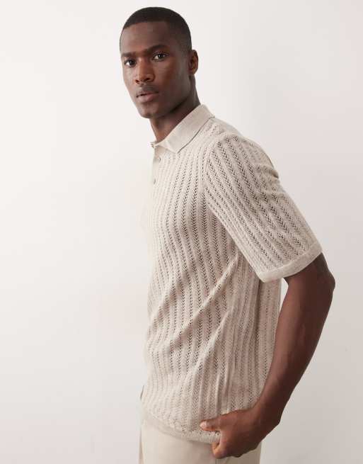 ASOS DESIGN – Polohemd aus Pointelle-Strick in Steinbeige mit Knopfleiste, 4 von 5
