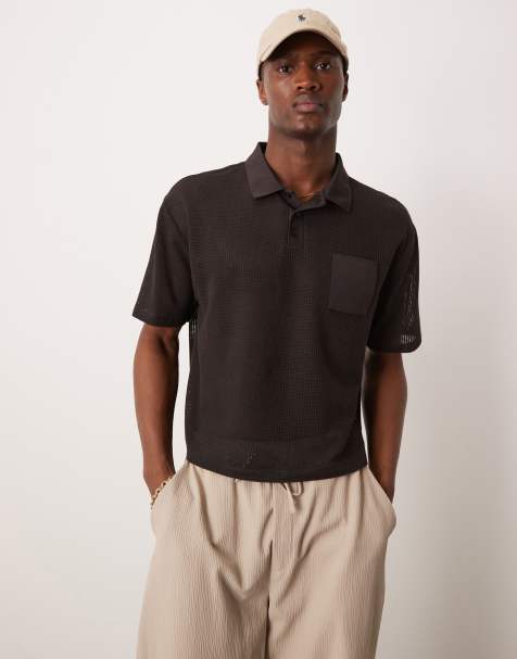 ASOS DESIGN – Polohemd aus weitmaschigem Netzstoff in Braun mit lockerem, kastigem Schnitt - view 1