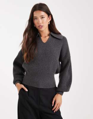 ASOS DESIGN - Polohemd in Anthrazit mit Patentmuster und Taillendetail-Grau