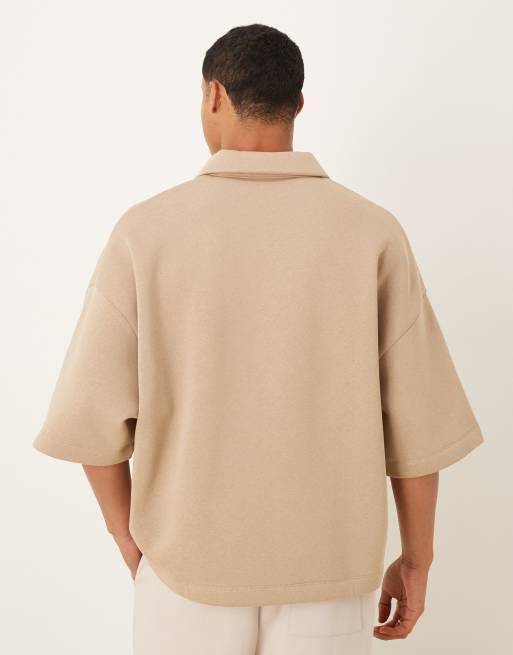 ASOS DESIGN – Polohemd in Beige mit extremem Oversize-Schnitt und Dreiviertelärmeln, 3 von 5