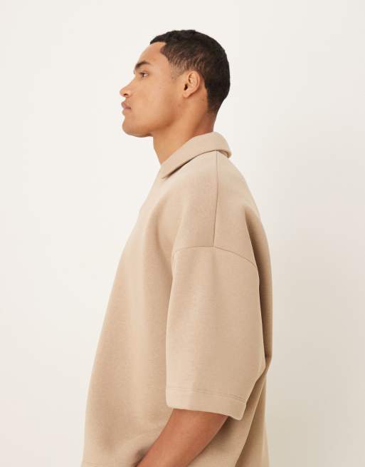 ASOS DESIGN – Polohemd in Beige mit extremem Oversize-Schnitt und Dreiviertelärmeln, 4 von 5