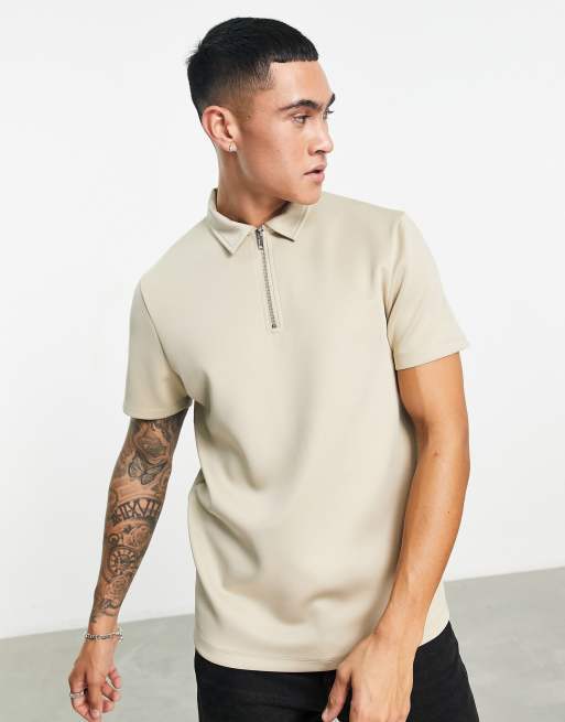 ASOS DESIGN – Polohemd in beiger Neopren-Optik mit Reißverschluss