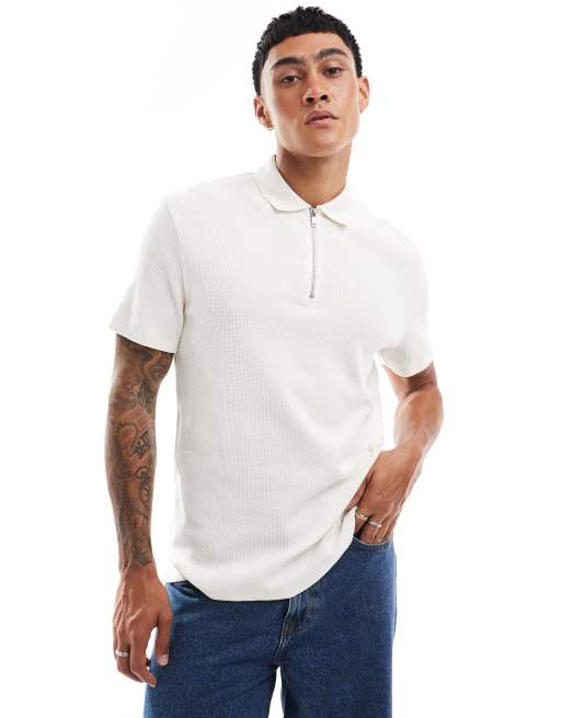 ASOS DESIGN – Polohemd in Cremeweiß mit Waffelstruktur und Reißverschluss