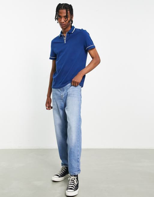ASOS DESIGN – Polohemd in Marineblau mit Reverskragen und Borte in Weiß