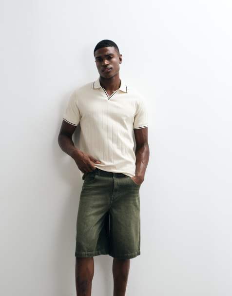ASOS DESIGN Polohemd in Regular Fit mit Reverskragen und Kontraststreifen in Creme, breite Rippstruktur - view 1