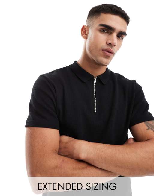 ASOS DESIGN – Polohemd in Schwarz mit Waffelstruktur und Reißverschluss am Ausschnitt