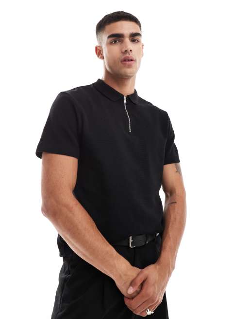 ASOS DESIGN – Polohemd in Schwarz mit Waffelstruktur und Reißverschluss am Ausschnitt, 2 von 4