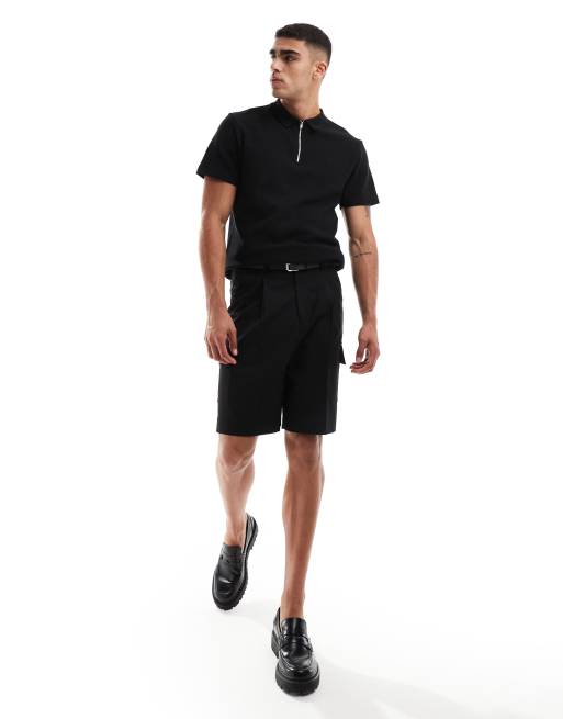 ASOS DESIGN – Polohemd in Schwarz mit Waffelstruktur und Reißverschluss am Ausschnitt, 3 von 4