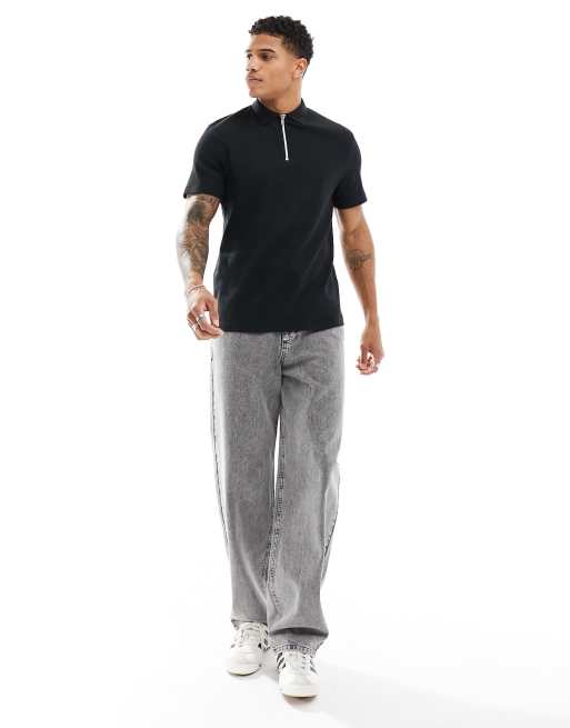 ASOS DESIGN – Polohemd in Schwarz mit Waffelstruktur und Reißverschluss, 3 von 4