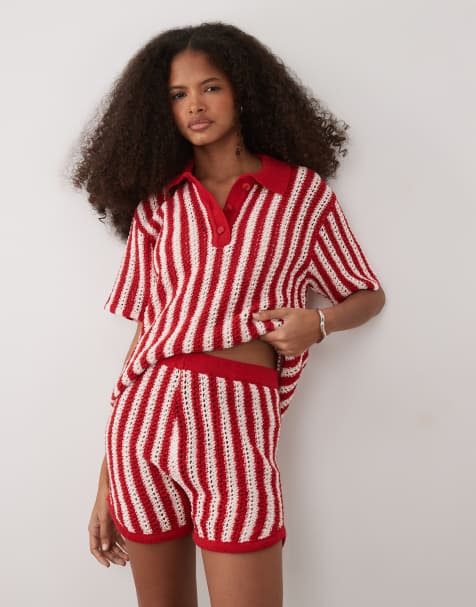 ASOS DESIGN – Poloshirt aus Häkelstrick in Rot gestreift, Kombiteil - view 1