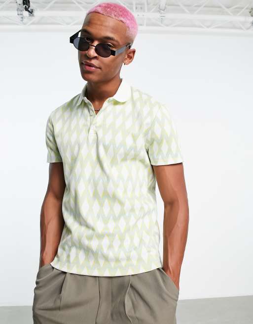 ASOS DESIGN – Poloshirt in Beige mit geometrischem Print 