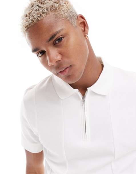 ASOS DESIGN – Poloshirt in Weiß mit silbernem Reißverschluss - view 1