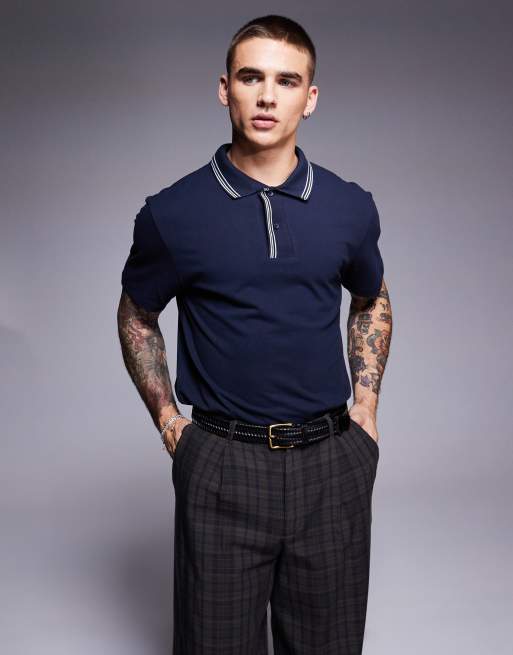 ASOS DESIGN - Poloshirt met contrasterend randje in marineblauw, 2 van 4