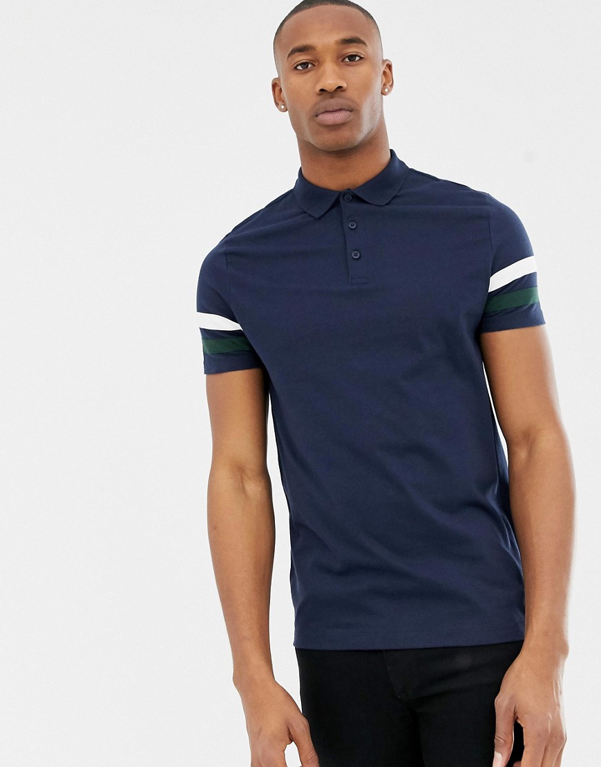 ASOS DESIGN - Poloshirt met contrasterende streep op de mouw in marineblauw