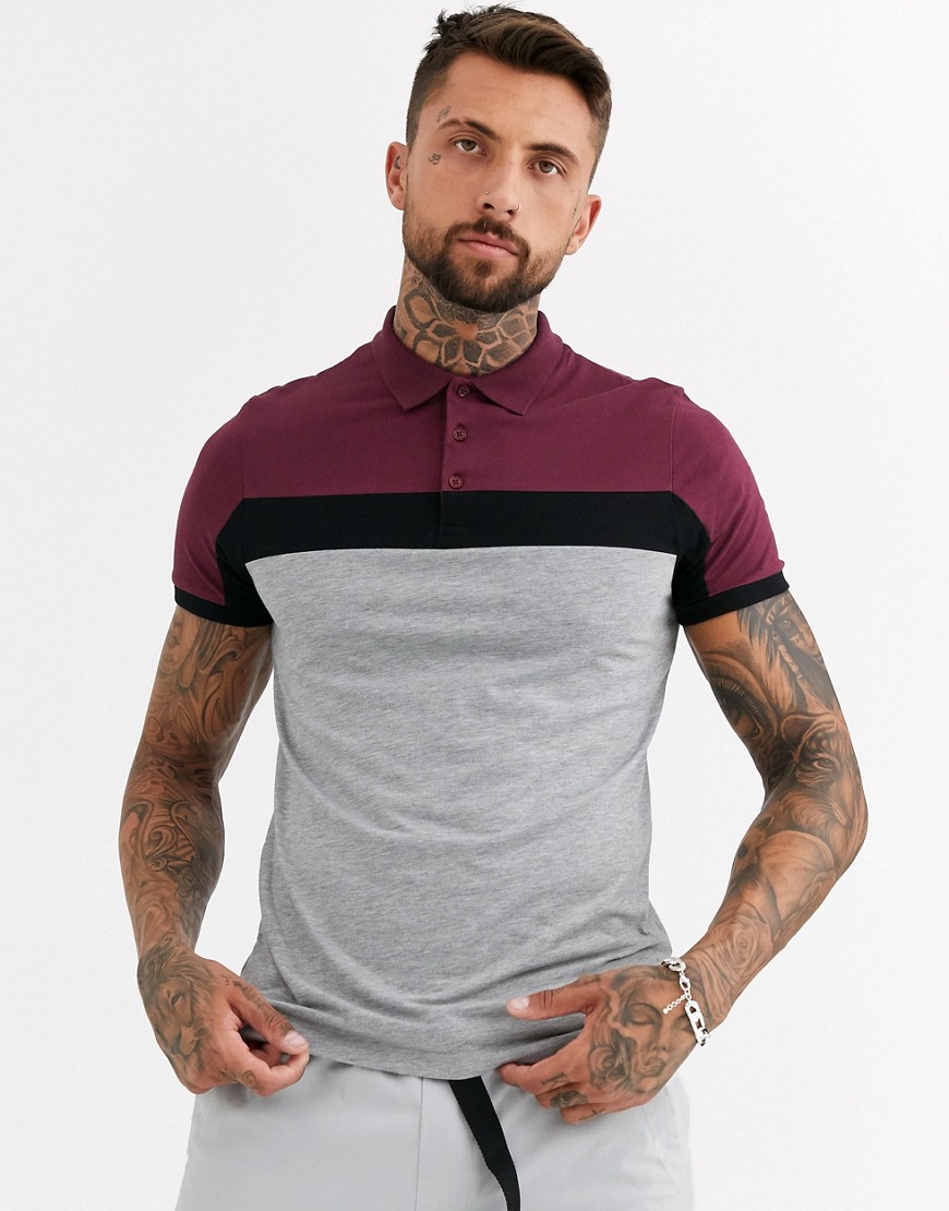 ASOS DESIGN - Poloshirt met contrasterende vlakken in gemêleerd grijs